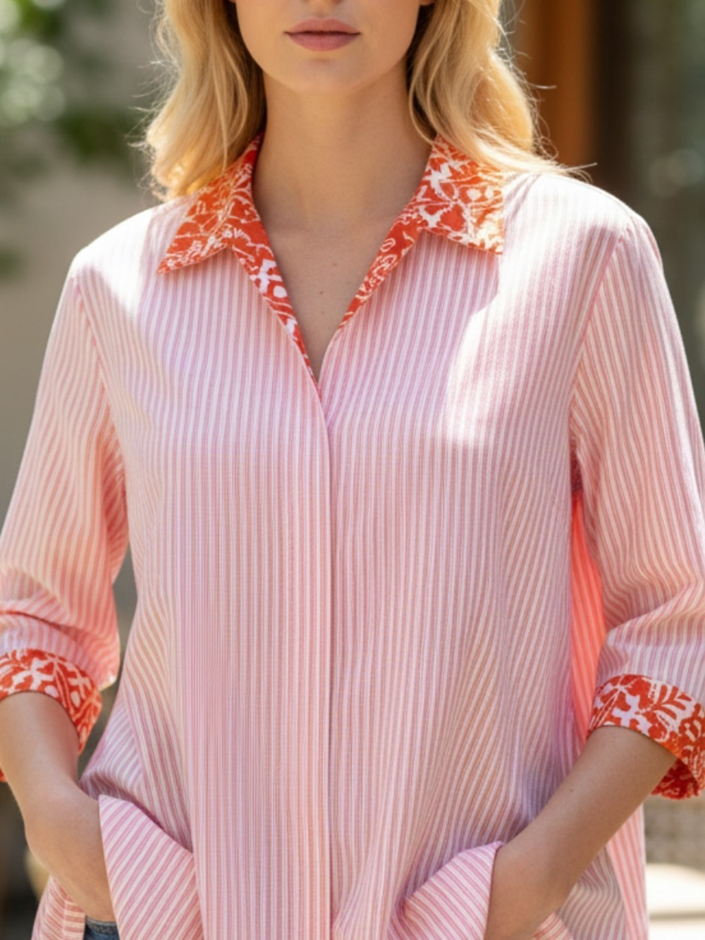 FINLEY SWING - Striped Button-Up Shirt with Orange Accents